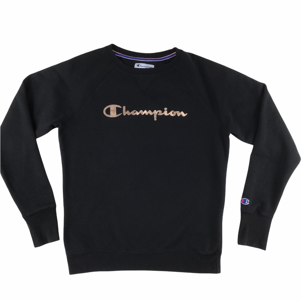 Champion womens crew sweatshirt M black rose gold metallic spell out Streetwear